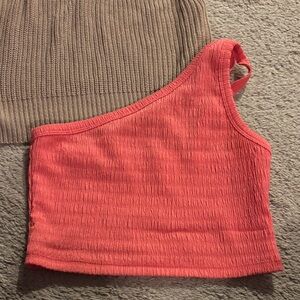 Coral One-Shoulder Women's Top and brown knitted top